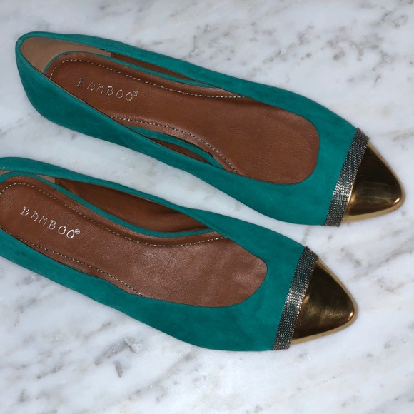 BAMBOO Shoes - Teal Gold and Silver Pointy Toe Bamboo Suede Flats